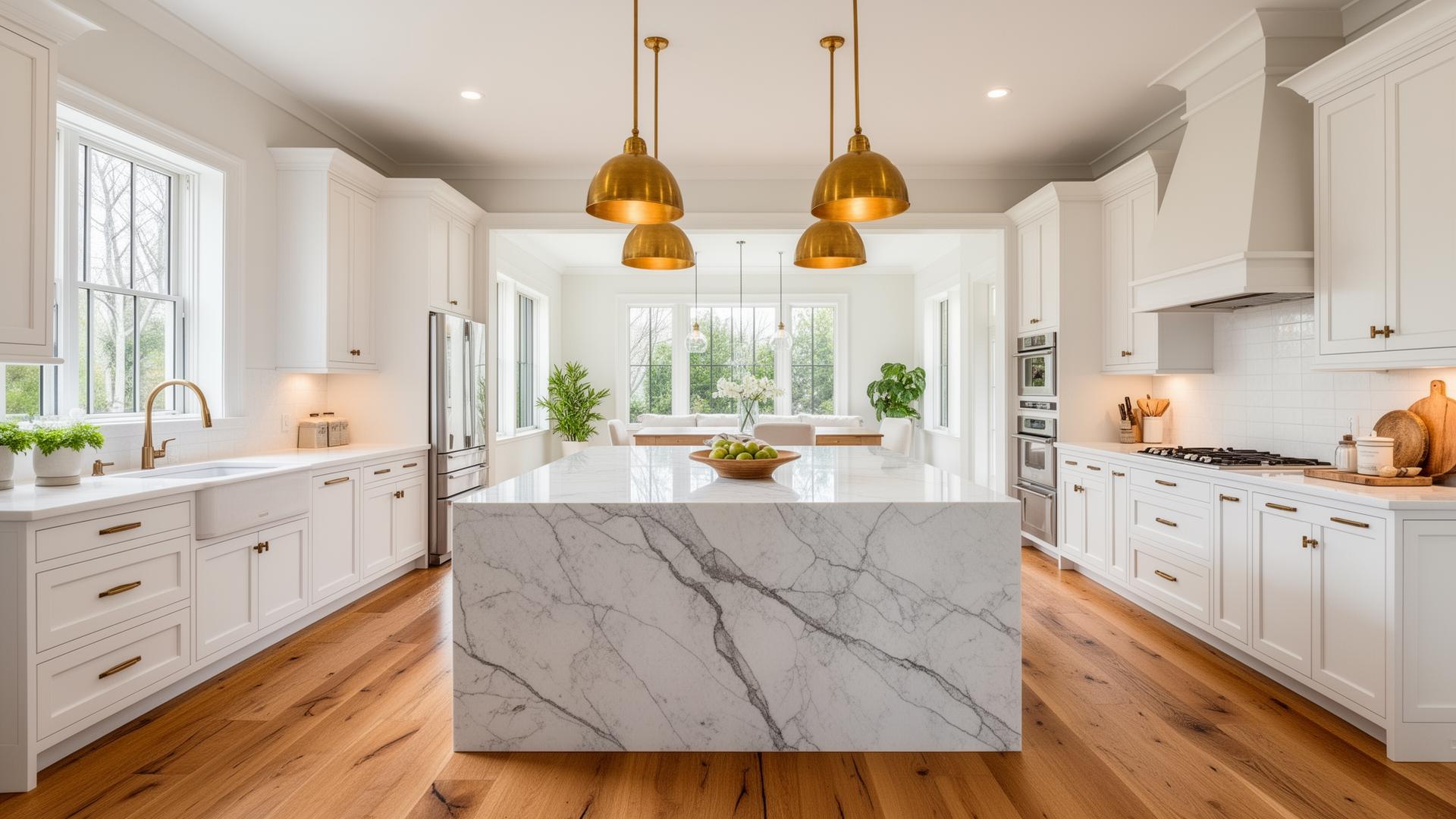 Bright modern New Jersey kitchen interior with marble island and brass pendant lights